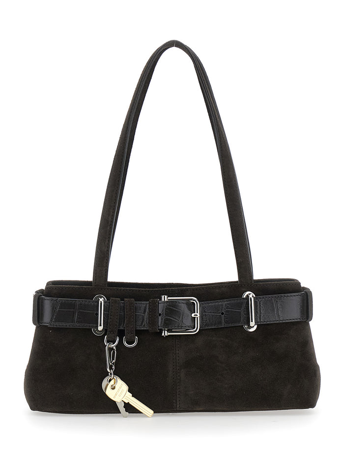 Brocle Brown Shoulder Bag with Belt and Pendant Key Details in Suede Woman Cow