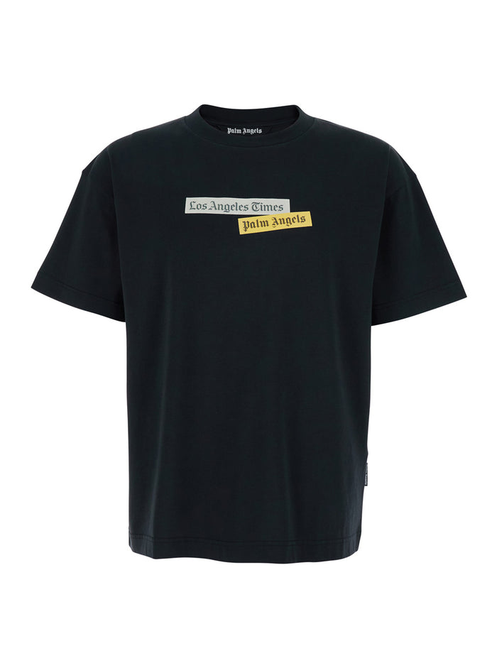 Black Crewneck T-Shirt With Logo Print On The Front Cotton Man Tshirts And Polo Shirts