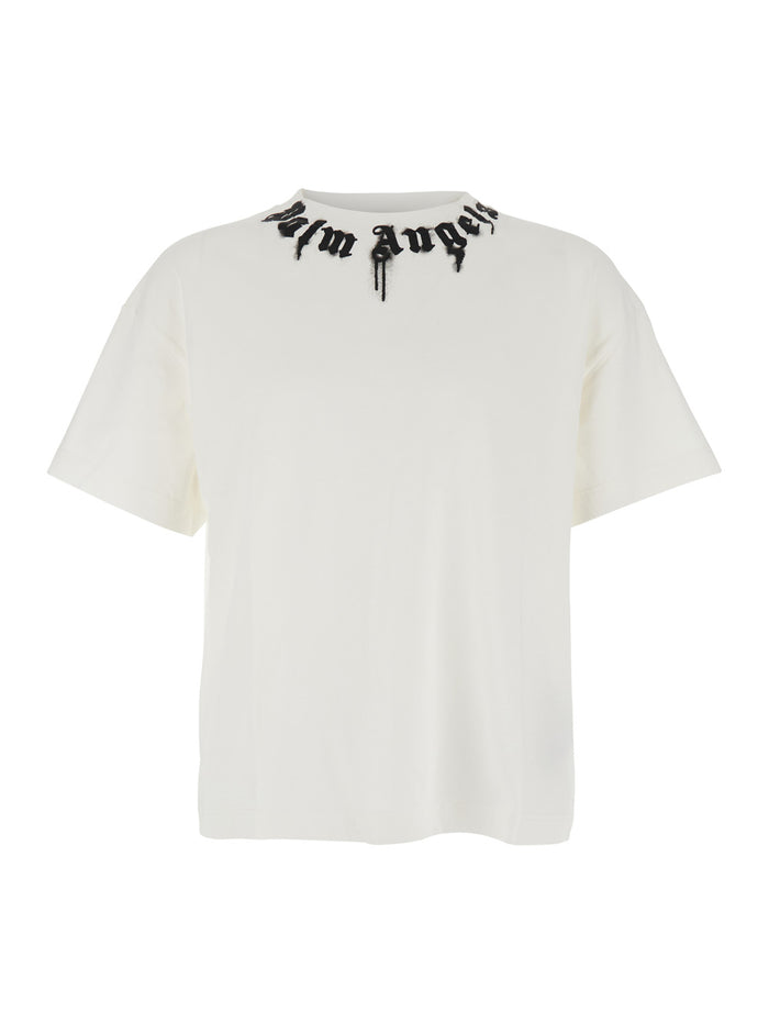 White Crewneck T-Shirt With Logo Print On The Neck Cotton Man Tshirts And Polo Shirts