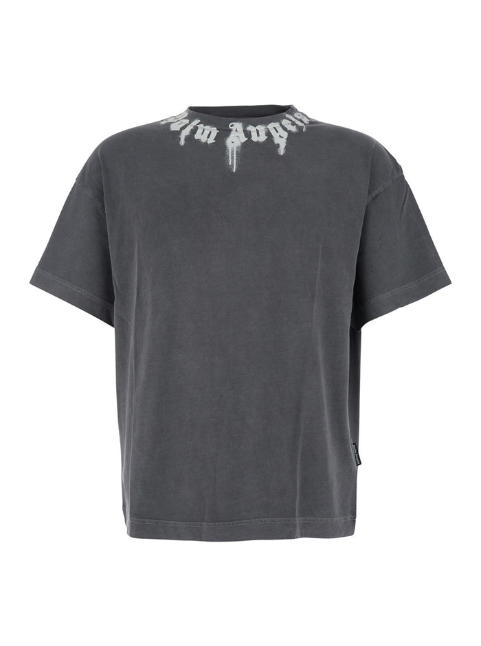 Grey Crewneck T-Shirt With Logo Print On The Neck Cotton Man Tshirts And Polo Shirts