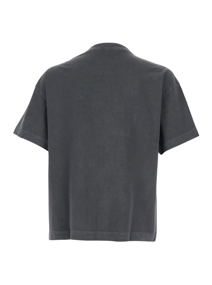 Grey Crewneck T-Shirt With Logo Print On The Neck Cotton Man Tshirts And Polo Shirts