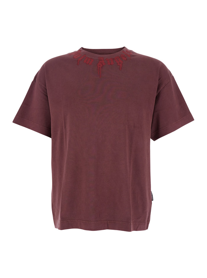 Bordeaux Crewneck T-Shirt With Logo Print On The Neck Cotton Man Tshirts And Polo Shirts