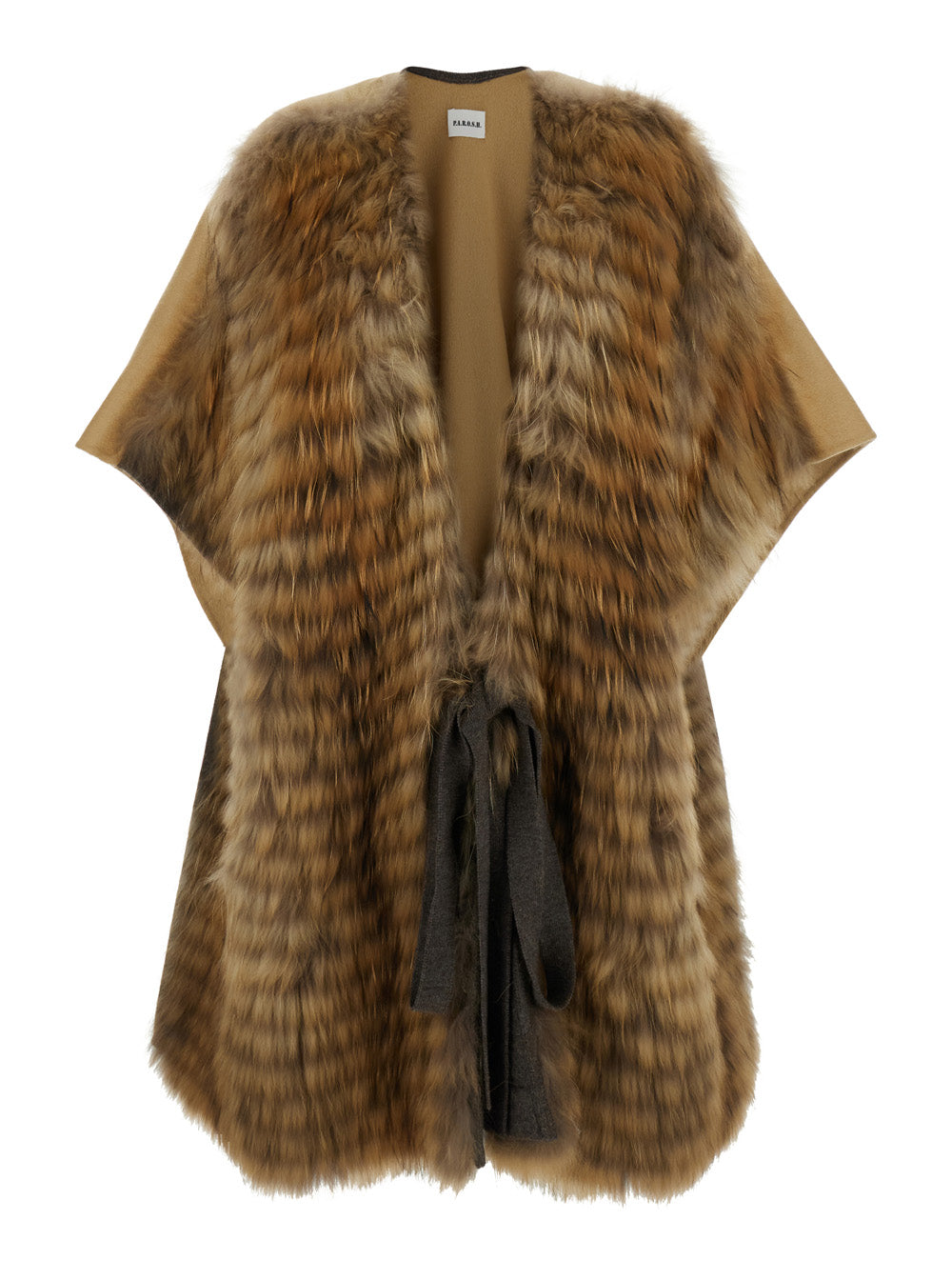 Beige Cape With Fur On The Front And Belt Closure Wool Woman