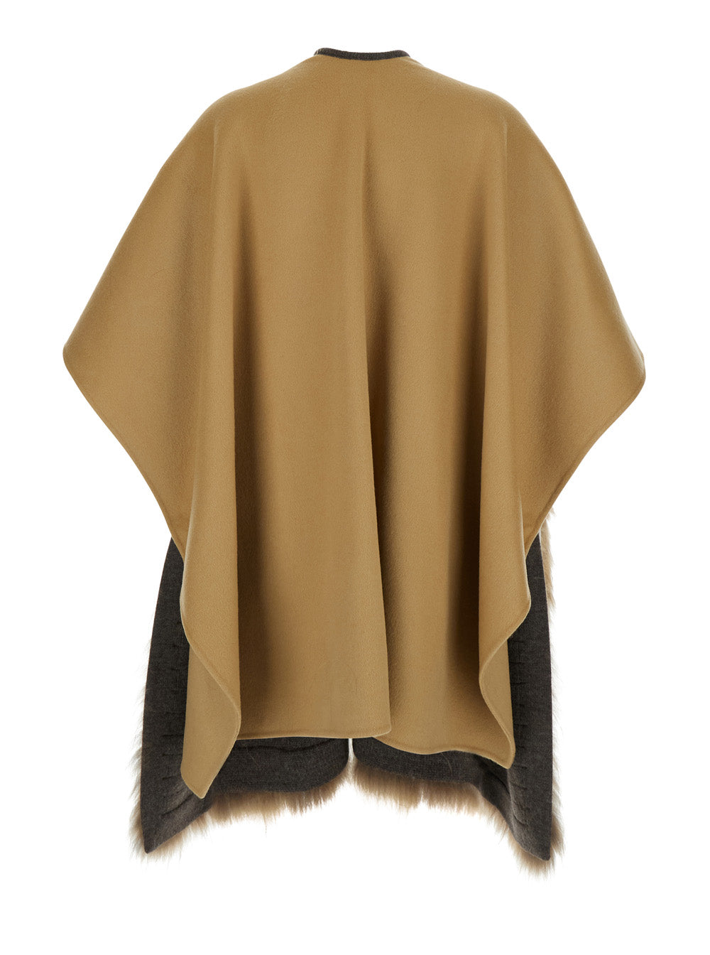 Beige Cape With Fur On The Front And Belt Closure Wool Woman