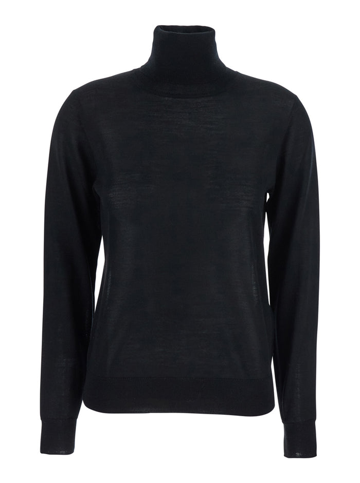Black Turtleneck Sweater in Wool Blend Woman Silk Kashmir Jersey