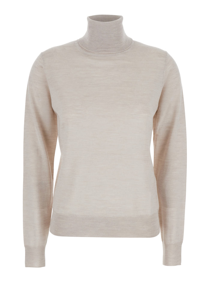 Beige Turtleneck Sweater in Wool Blend Woman Silk Kashmir Jersey