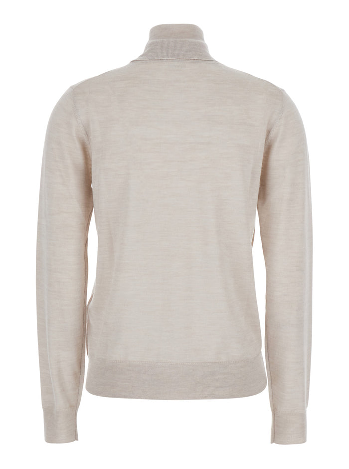 Beige Turtleneck Sweater in Wool Blend Woman Silk Kashmir Jersey