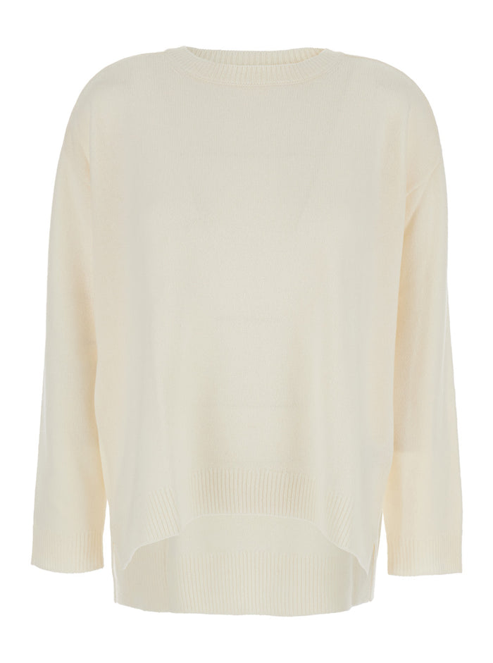 White Crewneck Sweater with Asymmetric Hem in Wool and Cashmere Woman Jersey