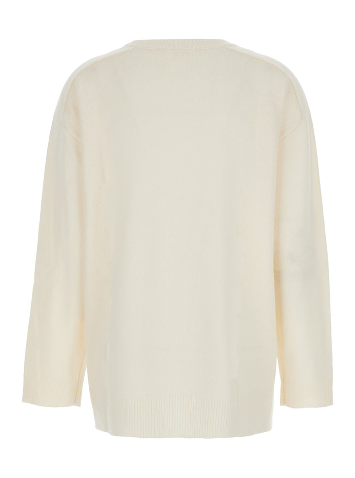 White Crewneck Sweater with Asymmetric Hem in Wool and Cashmere Woman Jersey