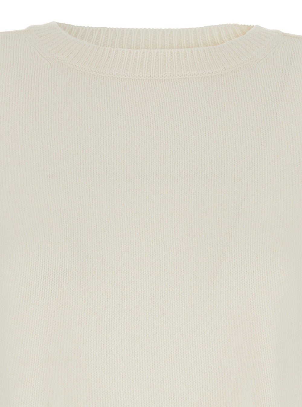 White Crewneck Sweater with Asymmetric Hem in Wool and Cashmere Woman Jersey