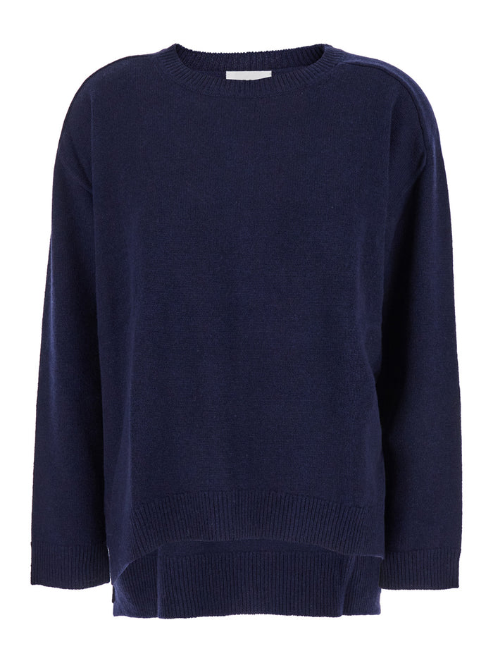 Blue Crewneck Sweater with Asymmetric Hem in Wool and Cashmere Woman Blu Jersey