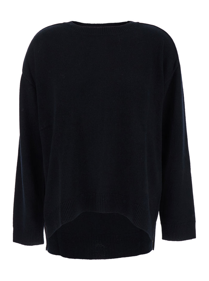 Black Crewneck Sweater with Asymmetric Hem in Wool and Cashmere Woman Jersey