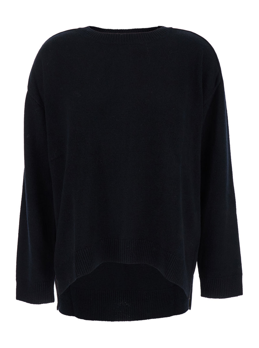 Black Crewneck Sweater With Asymmetric Hem Wool And Cashmere Tops