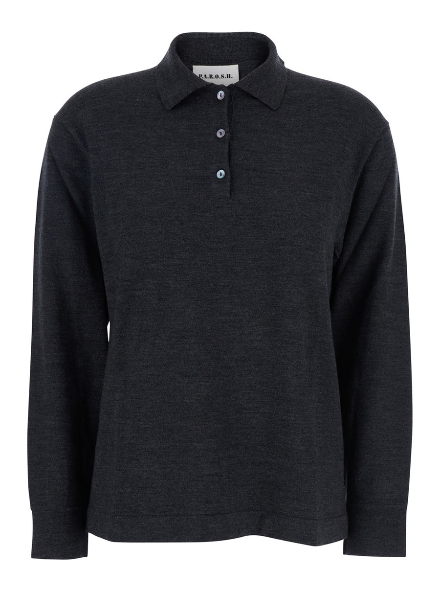 Grey Polo Shirt With Classic Collar Wool T-shirts & Jerseys