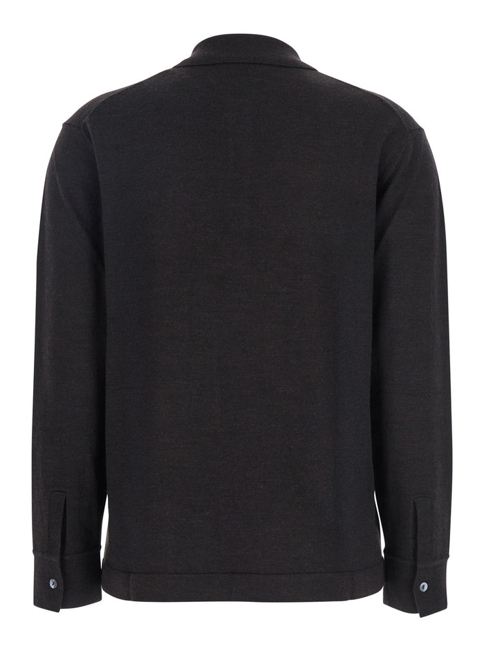 Brown Polo Shirt with Classic Collar and Long Sleeves in Wool Woman Kashmir Elastane Tshirts