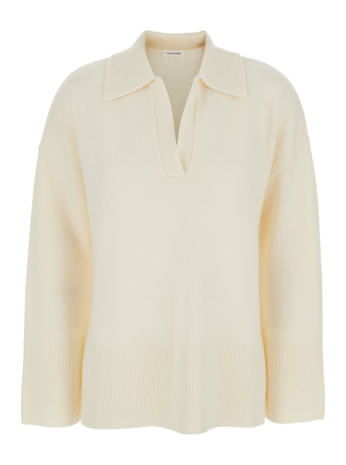 White Sweater with Polo Shirt Style Collar and Dropped Shoulder in Wool Cashmere Woman Jersey