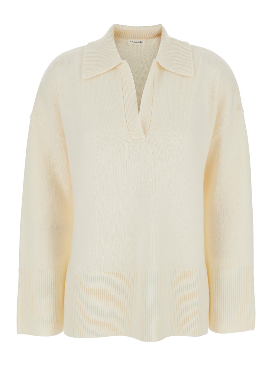 White Sweater With Polo Collar Wool