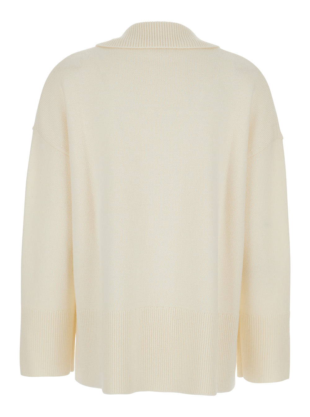 White Sweater with Polo Shirt Style Collar and Dropped Shoulder in Wool Cashmere Woman Jersey