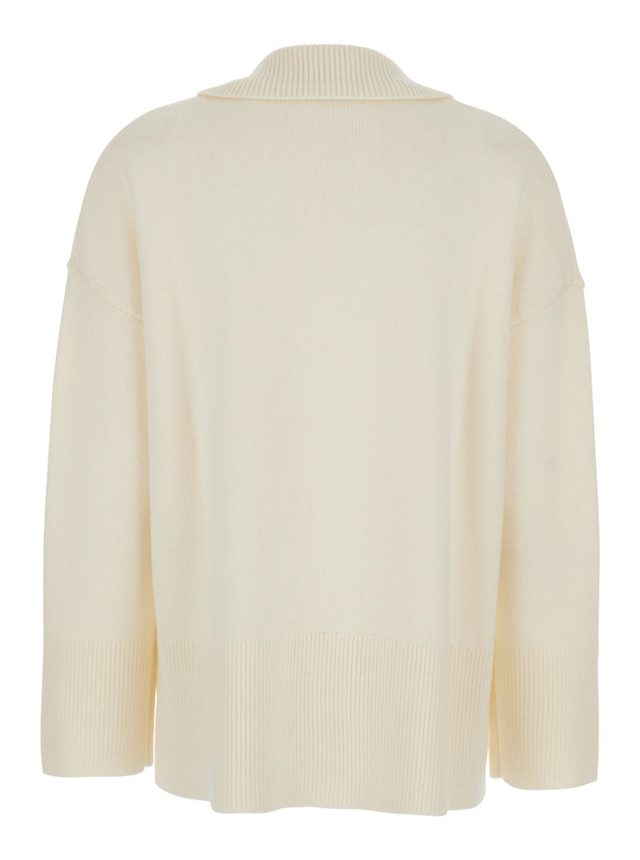 White Sweater with Polo Shirt Style Collar and Dropped Shoulder in Wool Cashmere Woman Jersey