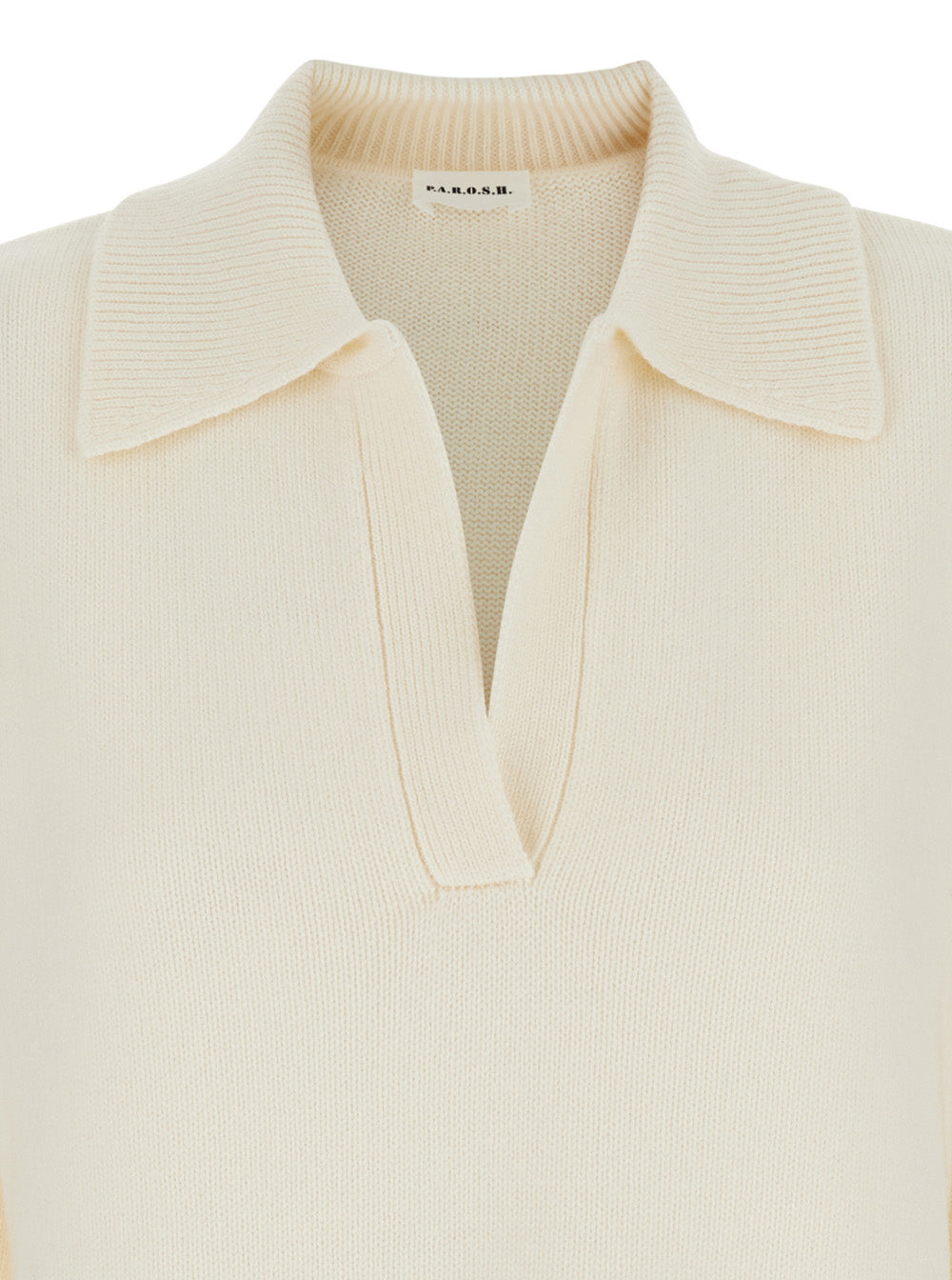 White Sweater with Polo Shirt Style Collar and Dropped Shoulder in Wool Cashmere Woman Jersey
