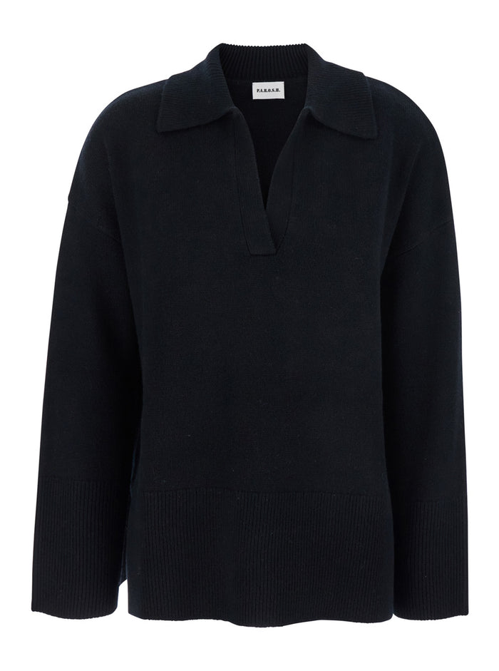 Black Sweater with Polo Shirt Style Collar and Dropped Shoulder in Wool Cashmere Woman Jersey