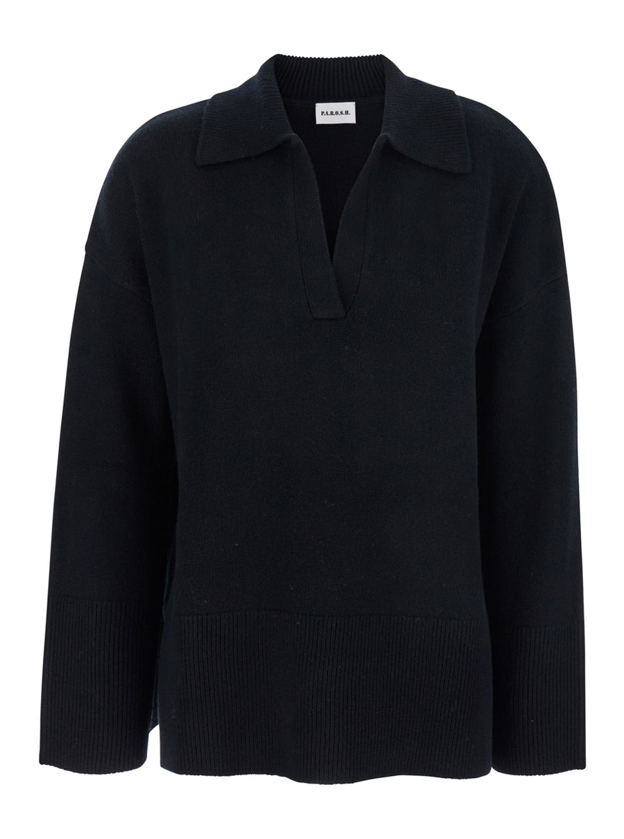 Black Sweater With Polo Collar Wool