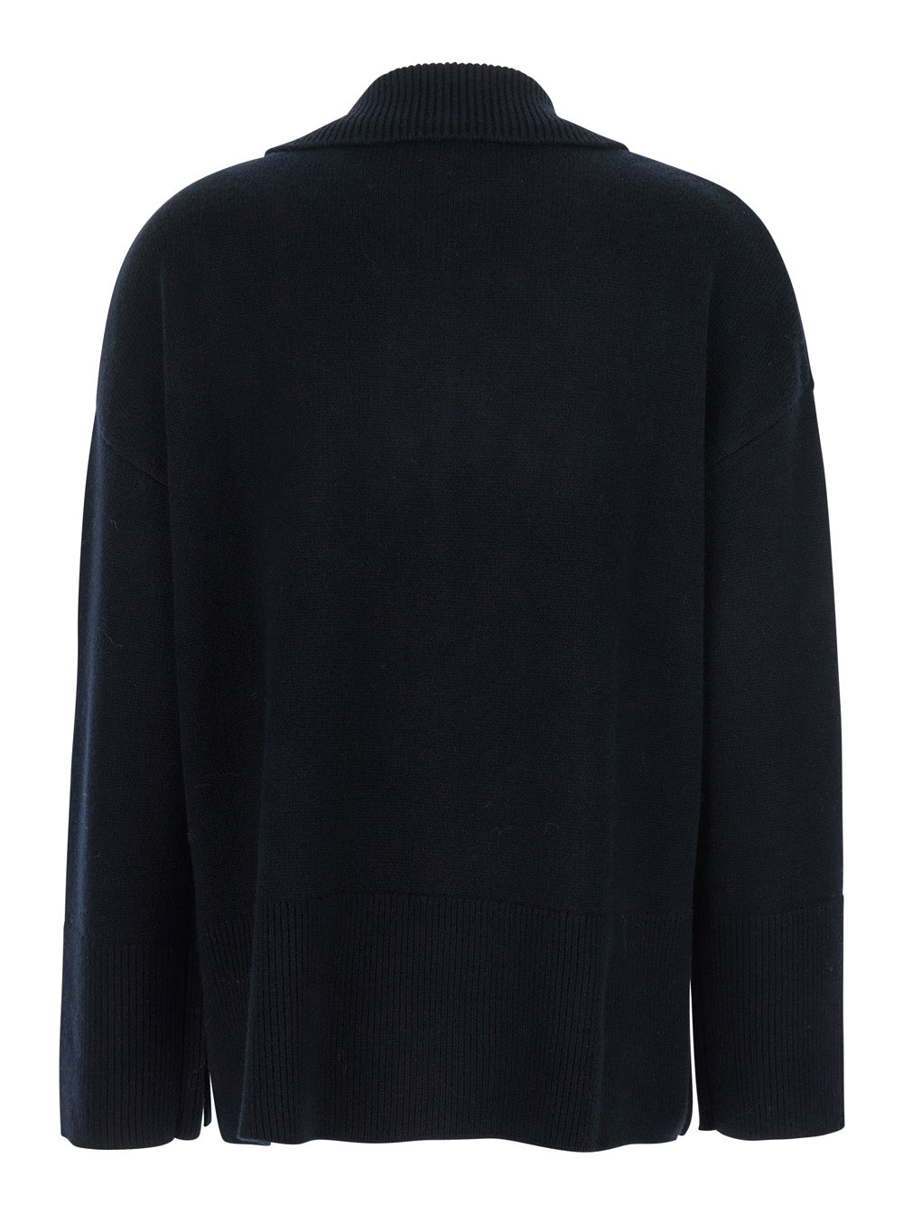 Black Sweater with Polo Shirt Style Collar and Dropped Shoulder in Wool Cashmere Woman Jersey