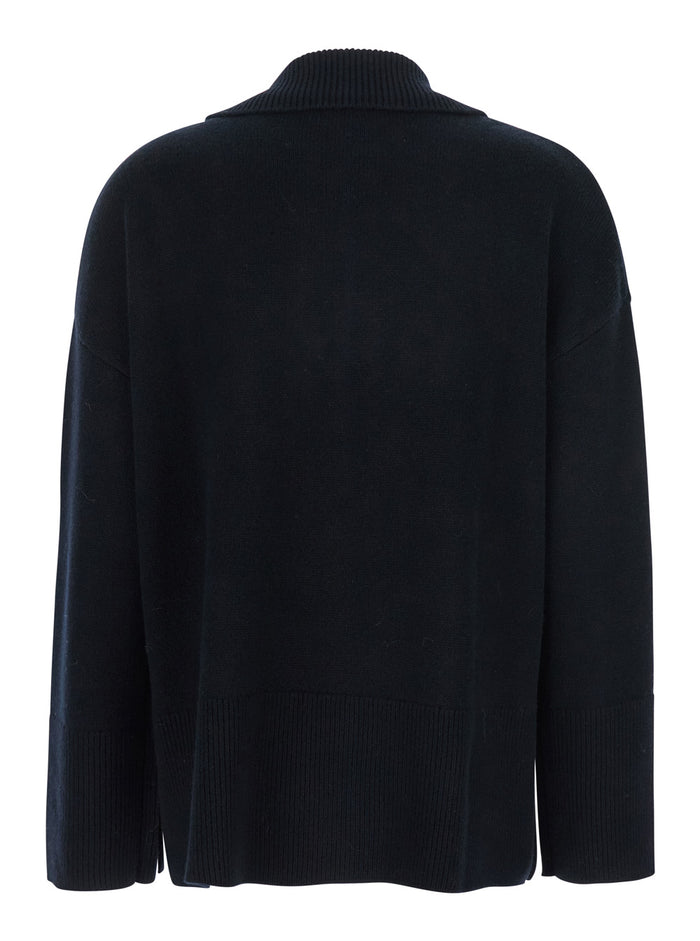Black Sweater with Polo Shirt Style Collar and Dropped Shoulder in Wool Cashmere Woman Jersey