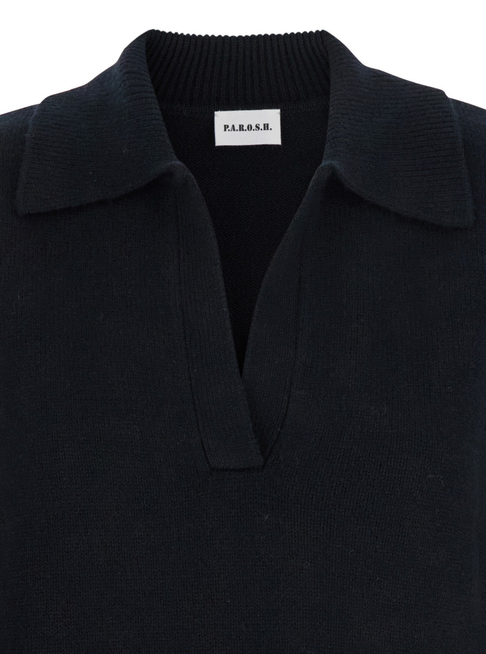 Black Sweater with Polo Shirt Style Collar and Dropped Shoulder in Wool Cashmere Woman Jersey