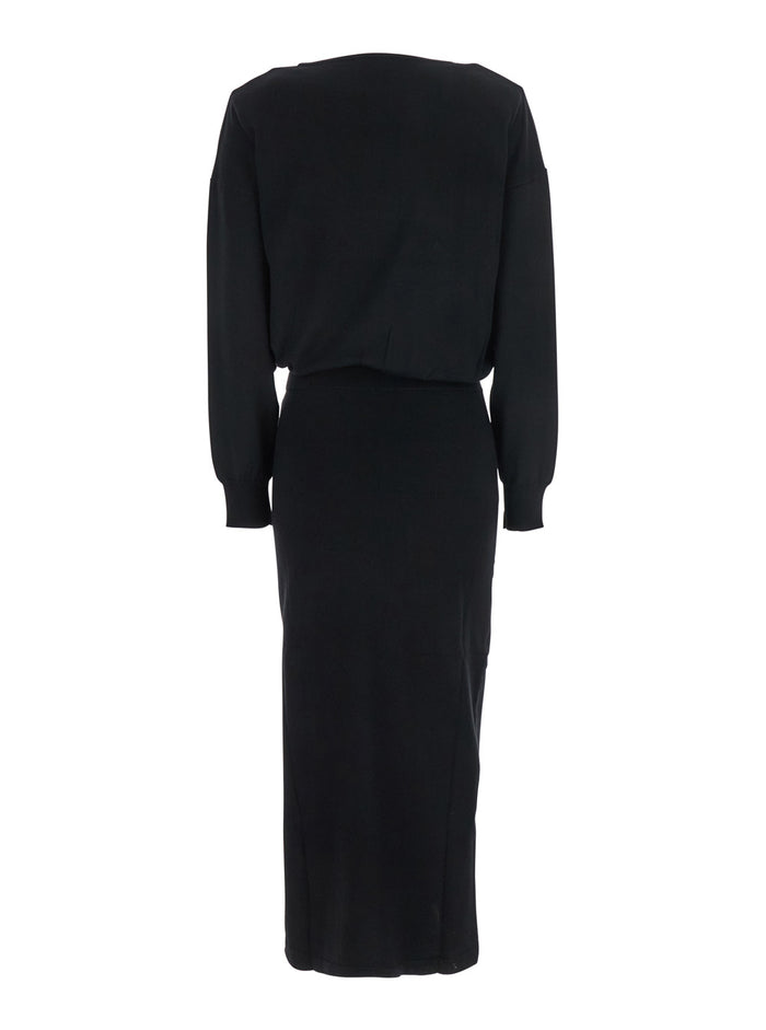 Black Round Neck Dress with Draped Waist in Wool Blend Woman Kashmir Elastane