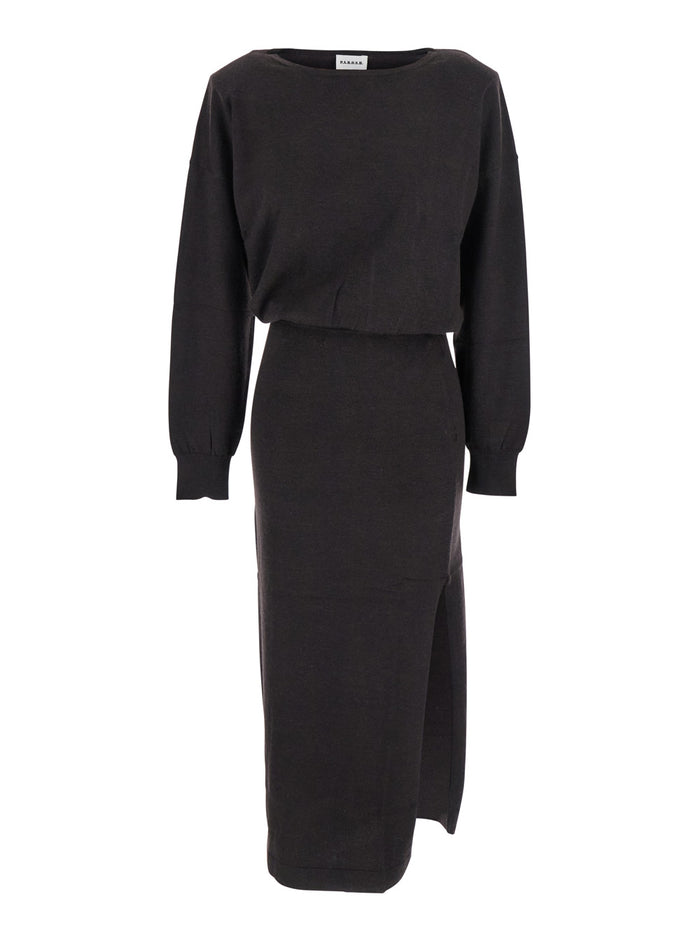 Brown Dress with Boat Neck in Wool and Cashmere Blend Woman Kashmir Elastane