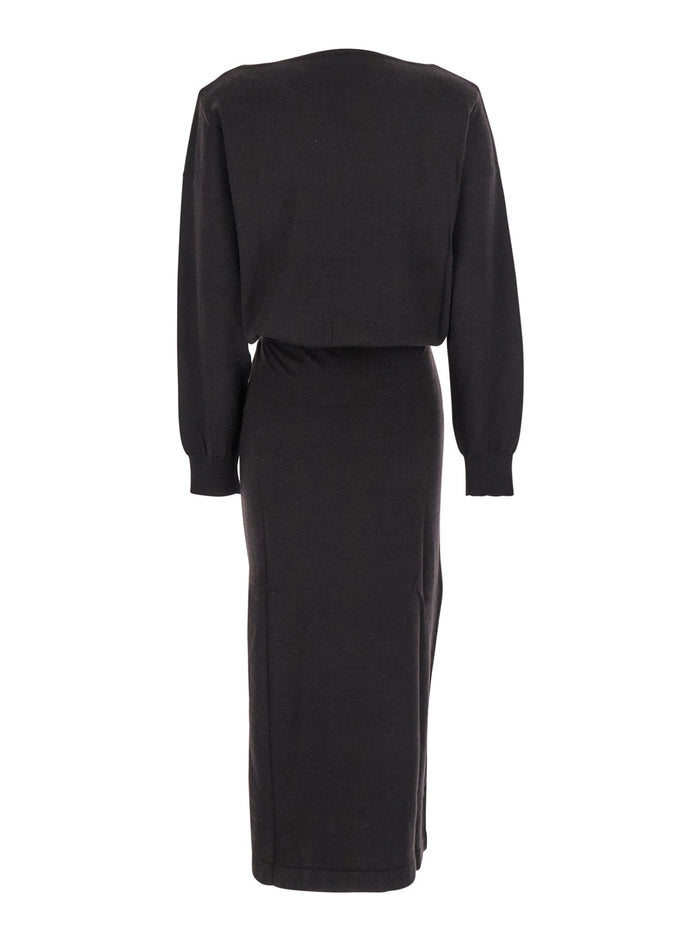 Brown Dress with Boat Neck in Wool and Cashmere Blend Woman Kashmir Elastane