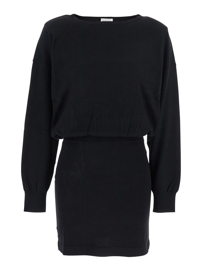 Black Dress with Boat Neck in Wool and Cashmere Blend Woman Kashmir Elastane