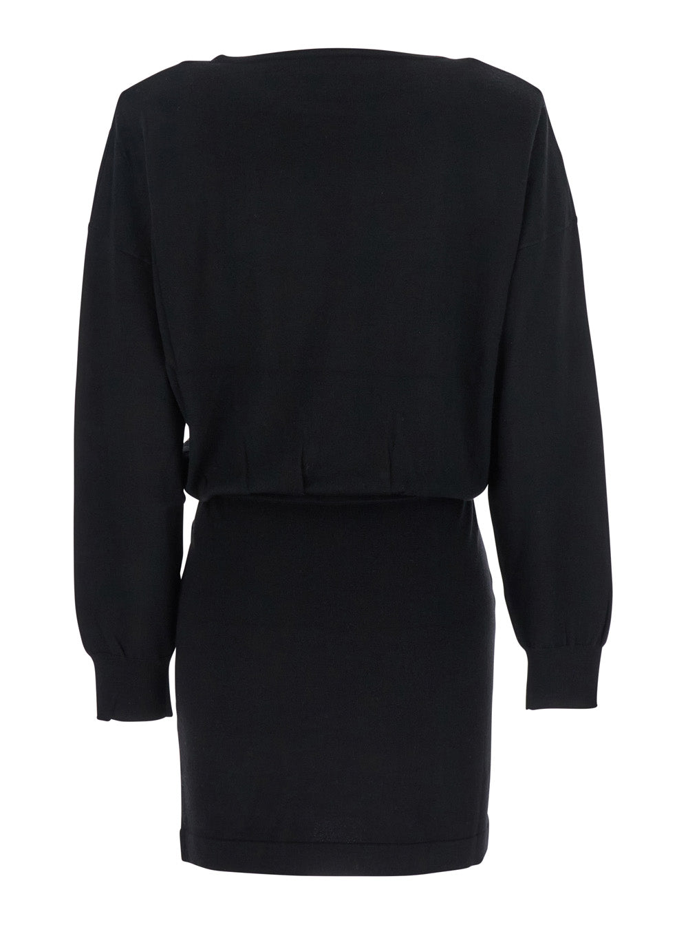 Black Dress with Boat Neck in Wool and Cashmere Blend Woman Kashmir Elastane
