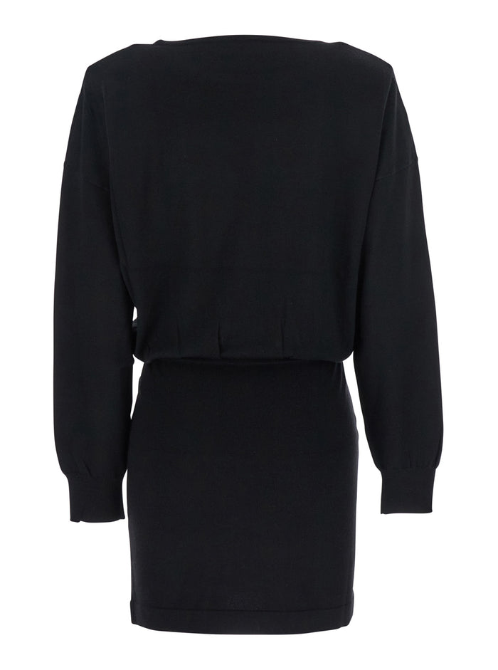 Black Dress with Boat Neck in Wool and Cashmere Blend Woman Kashmir Elastane
