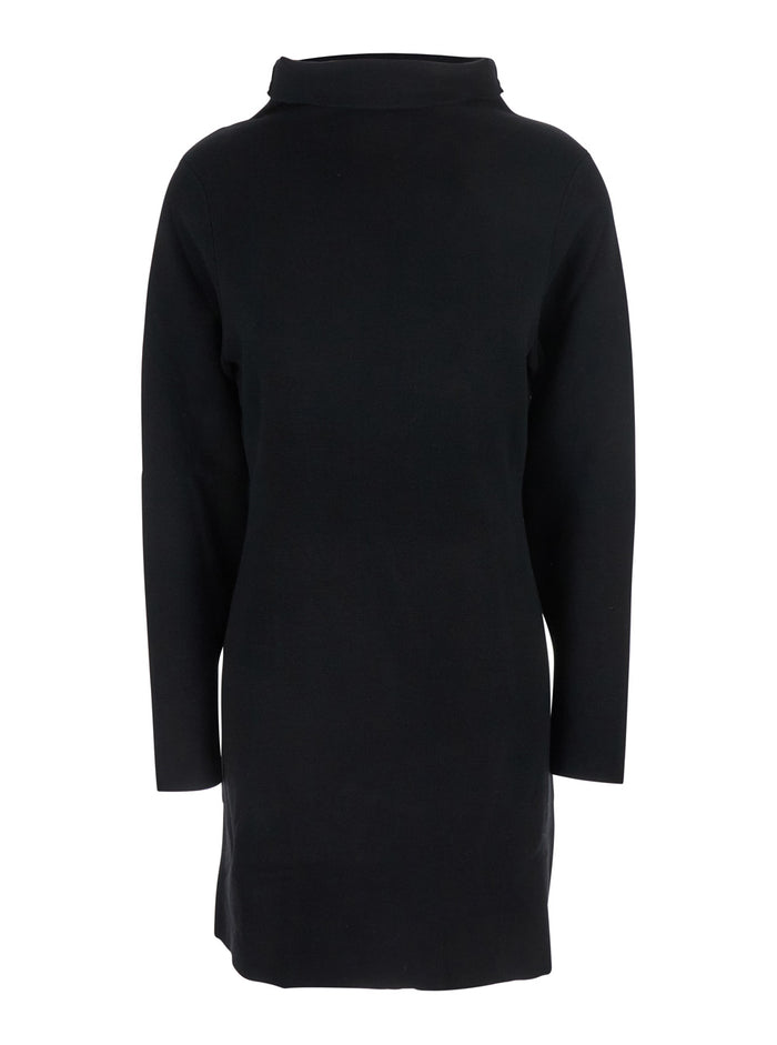 Black Turtleneck Midi Dress in Wool and Cashmere Woman Elastan