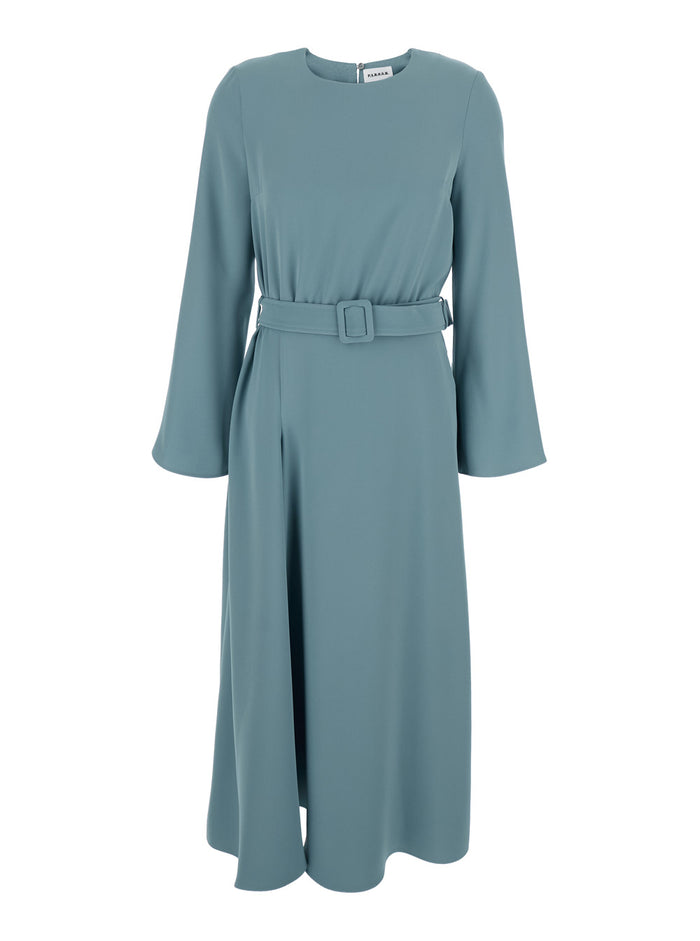Blue Long Dresses with Round Neckline and Waistband in Cady Fabric Woman Blu Polyester
