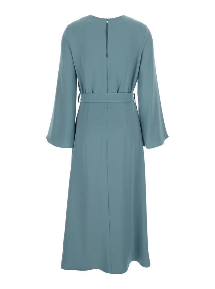 Blue Long Dresses with Round Neckline and Waistband in Cady Fabric Woman Blu Polyester