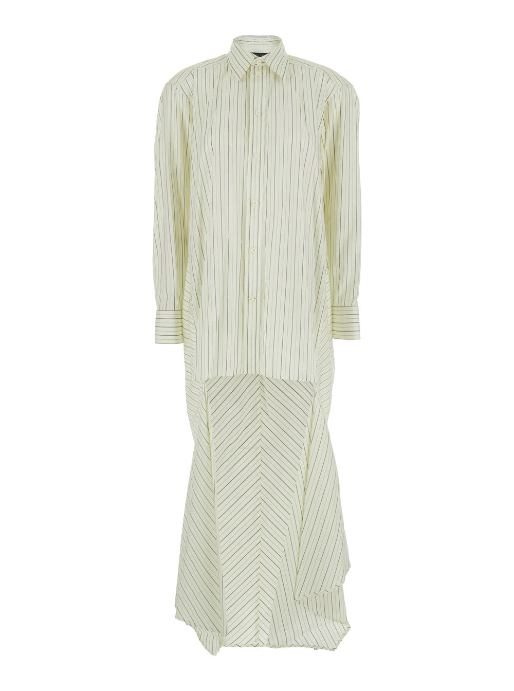 White Dress With Classic Collar And All-Over Striped Motif Cotton Woman