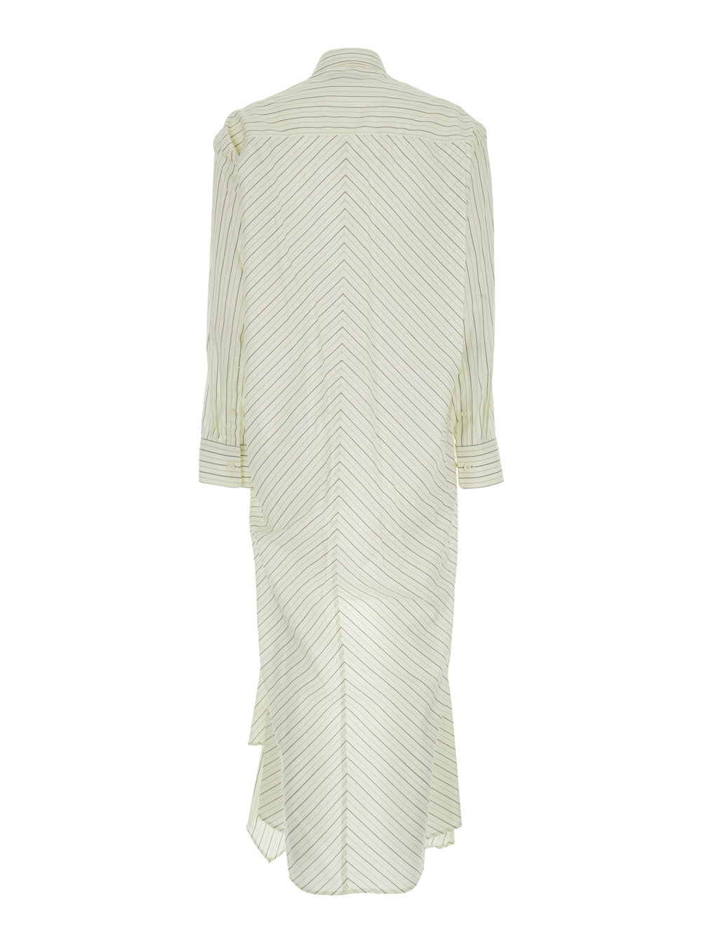 White Dress With Classic Collar And All-Over Striped Motif Cotton Woman