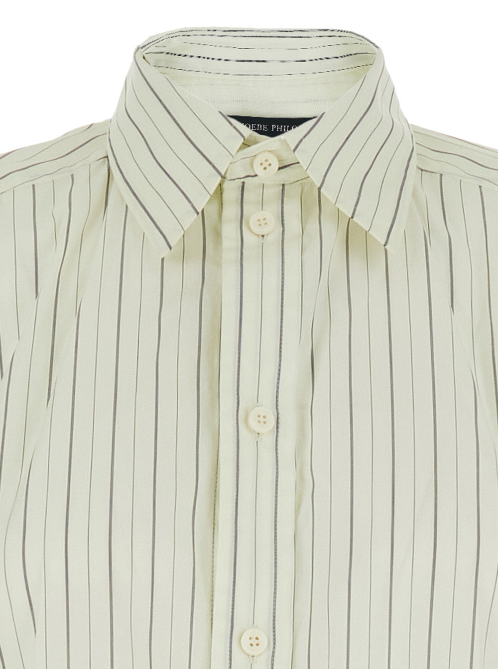 White Dress With Classic Collar And All-Over Striped Motif Cotton Woman