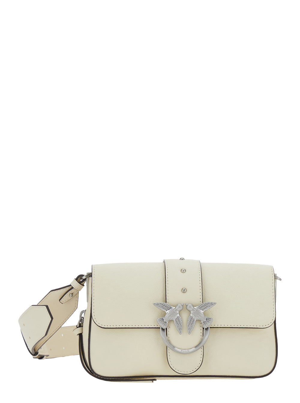 Love One Mini White Crossbody Bag With Birds Buckle And Adjustable Shoulder Strap Leather Woman Cotton