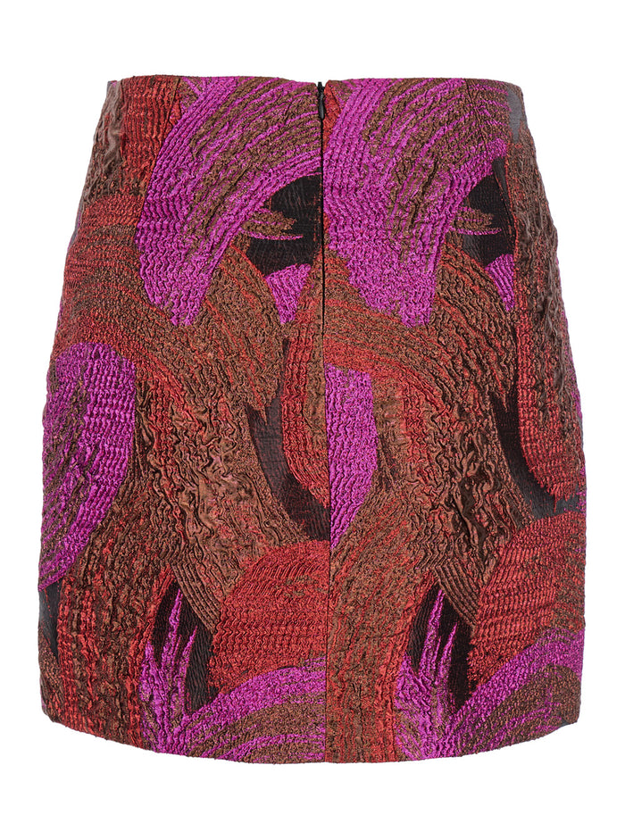 Fuchsia Mini Skirt with All-Over Broccato Motif and Concealed Rear Zip Closure in Tech Fabric Woman Fuxia Metallic Fibers Polyester