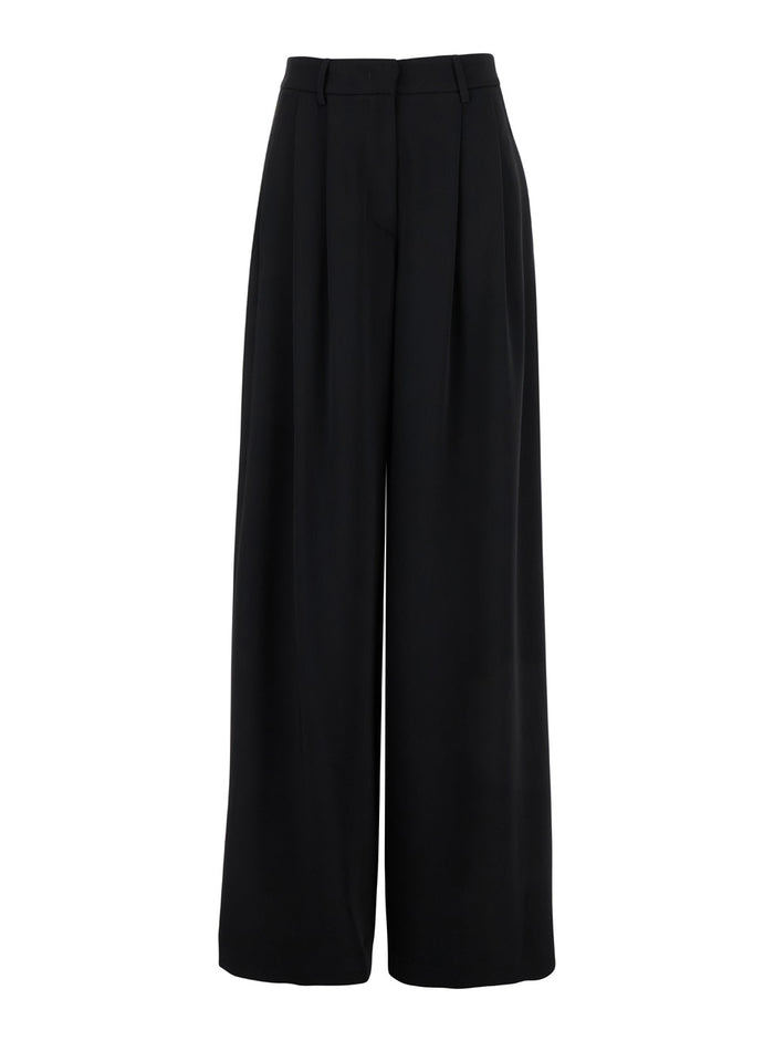 Black Pants with Belt Loops and Wide Leg in Cady Woman Polyester Trousers