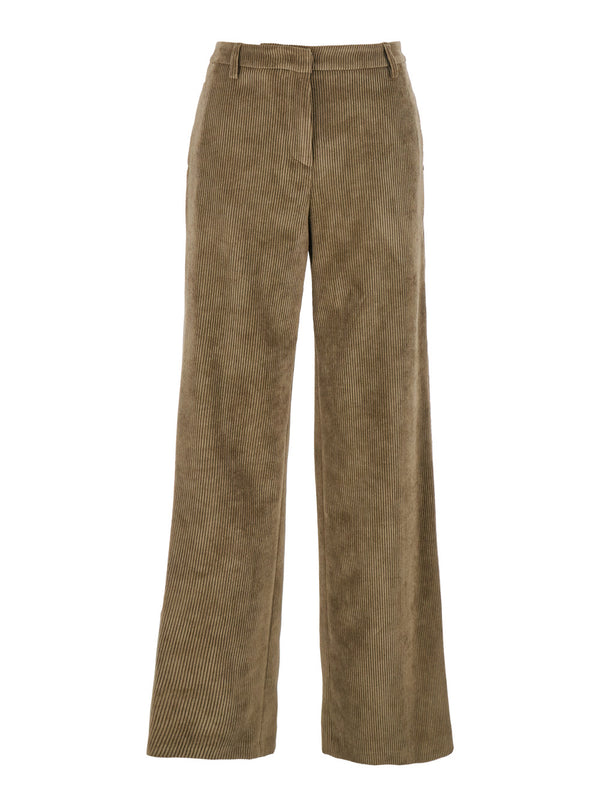 Green Ribbed Velvet Pants With Belt Loops Polyester Trousers