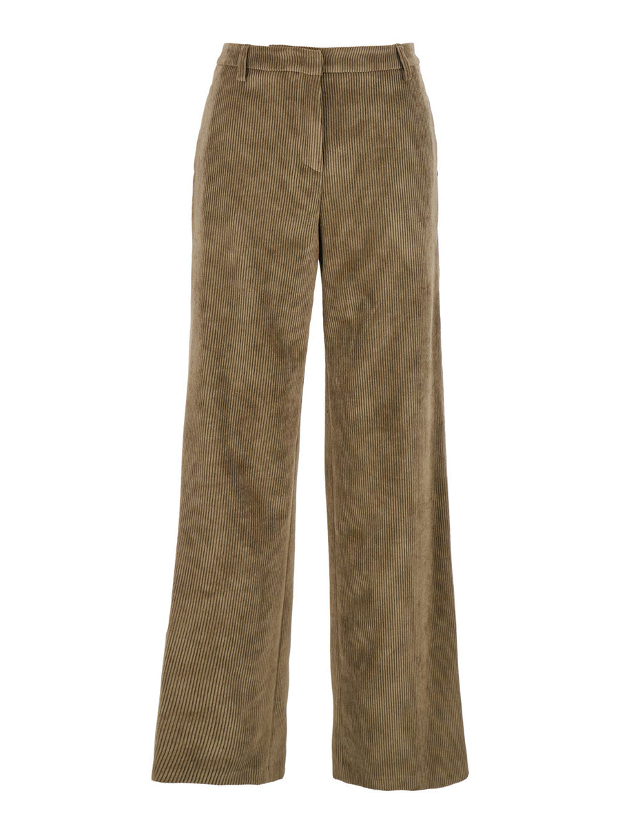 Green Ribbed Velvet Pants With Belt Loops Polyester Trousers
