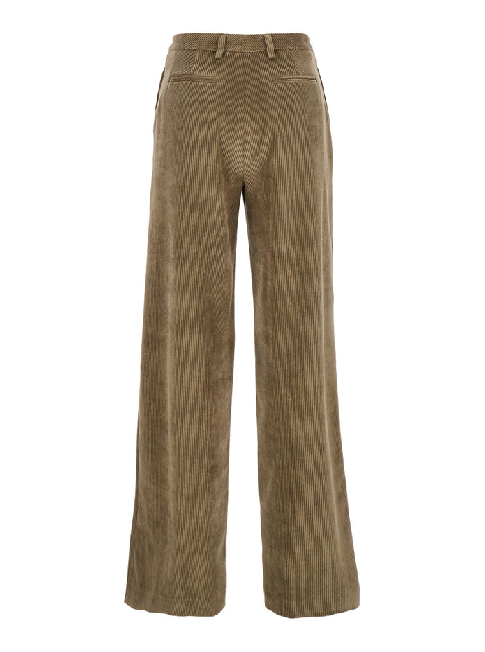 Green Pants with Belt Loops in Ribbed Velvet Woman Polyester Nylon Elastane Trousers