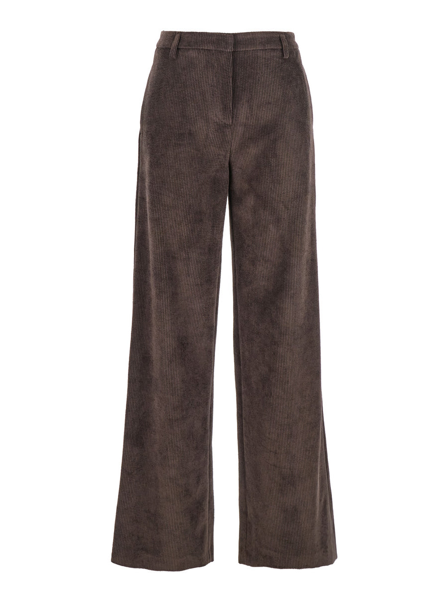 Brown Ribbed Velvet Pants With Belt Loops Polyester Trousers