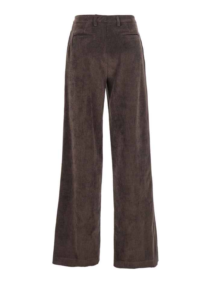 Brown Pants with Belt Loops in Ribbed Velvet Woman Polyester Nylon Elastane Trousers