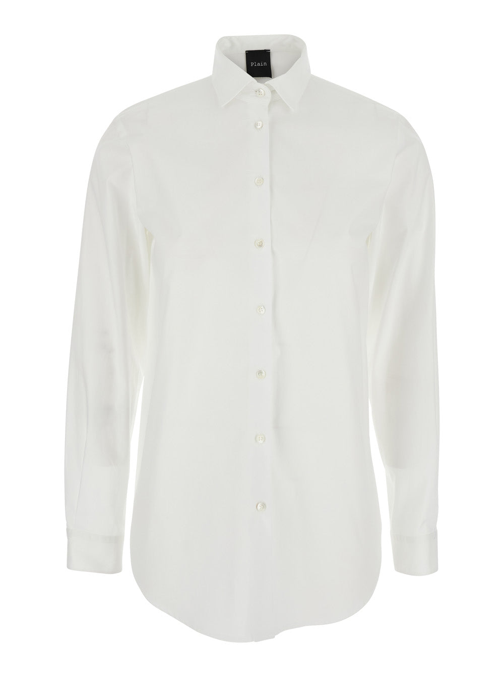 White Shirt with Classic Collar and Curved Hem in Cotton Woman Blouses